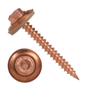 10MCN1U0812 #8-15 X 3/4 Self-Piercing Screws, 1/4" IHWH Unslotted, Sealing Washer, 410 Stainless, Copper Plated