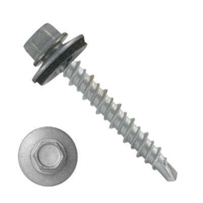 3411N5U1024H1 #10-16 X 1-1/2 Self-Drilling Screws, 1/4" Tall IHWH Unsl, Filt, Seal Wshr, HiLo Thrd, Steel Cer Silv